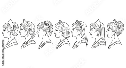 Line Art Depicting Various Womens Hairstyles and Headwear.