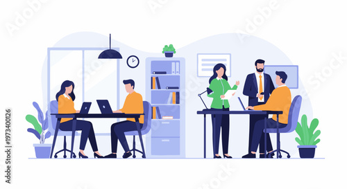 Colleagues collaborate and work on laptops in a modern office with plants and shelves