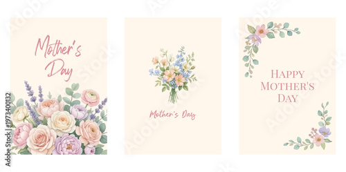 Watercolor Mother's Day Card Template Set — 3 Printable Floral Greeting Card Designs 