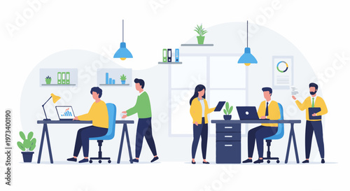 Colleagues collaborating in a modern office setting, displaying data and ideas