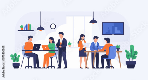 Diverse team collaborating in a modern office, engaged in tasks on laptops and discussions