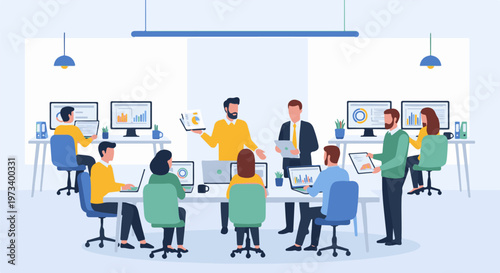 Diverse professionals collaborate in a modern office, analyzing data on screens