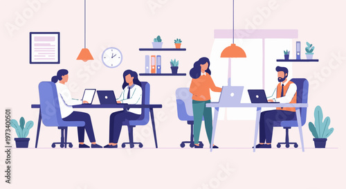 Office scene with people working on laptops at desks, plants, and decor