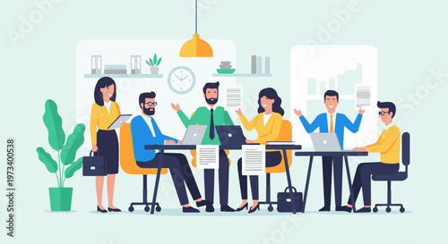 Diverse team collaborating around a table in a modern office setting, discussing plans