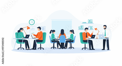 People collaborating and working on laptops at desks in a bright, modern office setting