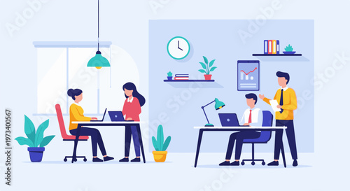 Colleagues collaborating in a bright, modern office space, working on laptops at desks with plants