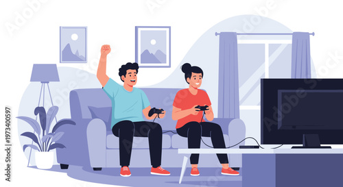 Young man and woman sitting on couch and playing video games with controllers in front of television in living room.