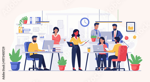 Diverse team collaborating in a modern office environment, engaged in work