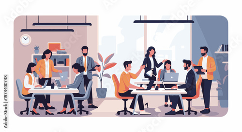 Diverse group collaborating and working on laptops in a modern office space