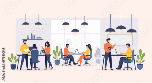 Diverse group collaborating in a bright, modern office space with plants