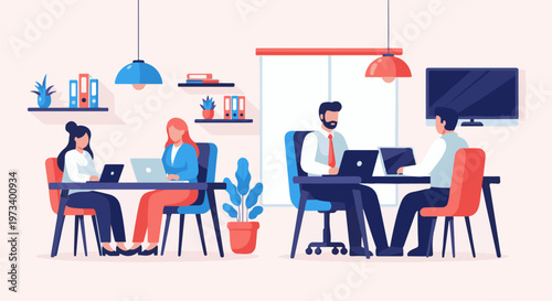 Diverse professionals collaborate in a bright, modern office space, working on laptops