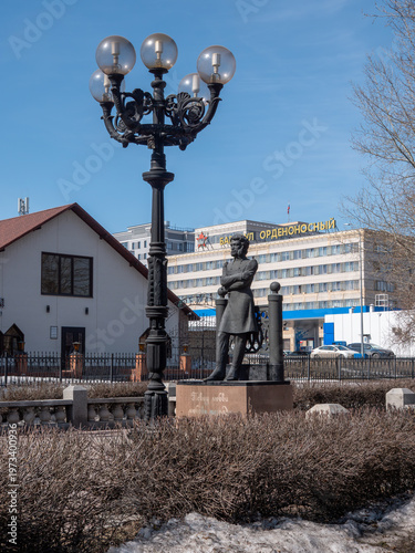 Canvastavla March 22 2026 Barnaul Russia Pushkin monument in Central District park at Lenina Avenue and Pushkin Street commemorating 200th birthday covered in snow cold early spring