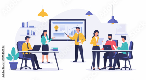 A team of professionals collaborate and present ideas in a modern office setting