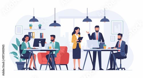 Diverse professionals collaborating in a modern office setting, focused on tasks