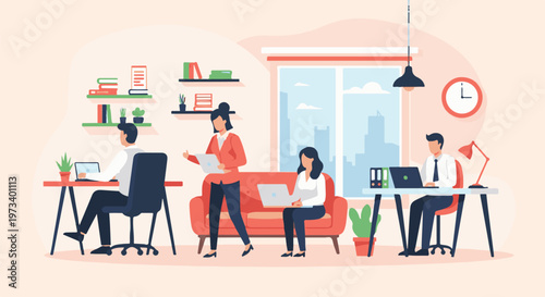 Diverse professionals collaborate in a modern office setting, focused on laptops