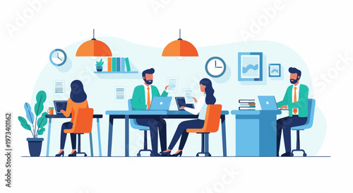 Modern office scene with diverse individuals collaborating at desks with laptops and papers