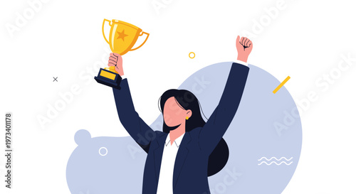 Successful businesswoman in dark suit holding gold winner trophy cup above her head and celebrating her professional victory.