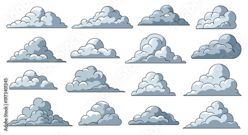 Collection of different white and grey cloud shapes with shadows for weather forecast and landscape background design.