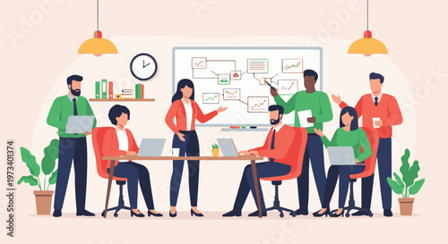 Diverse team collaborating and brainstorming around a whiteboard and table