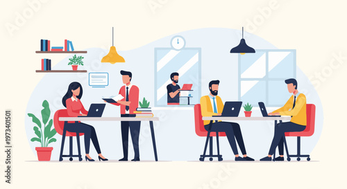 Diverse professionals collaborate in a modern office, engaged in tasks and teamwork