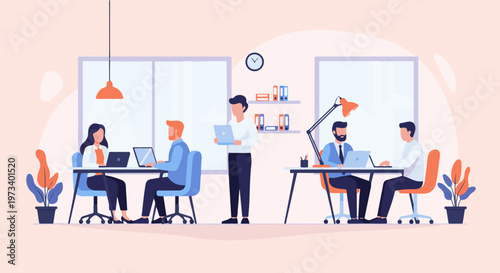 A modern office space with four individuals engaged in work at their desks, some using laptops, while one stands