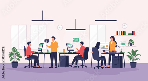 Diverse team collaborates on projects in modern, sunlit office space