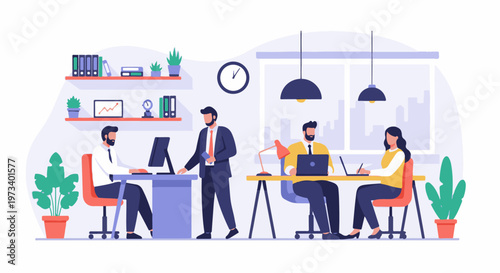 Professionals collaborating in a modern office with computers and plants