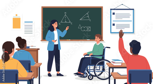 Diverse students including a boy in a wheelchair participate in a classroom lesson with a teacher at the blackboard.