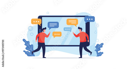 Two people interacting with speech bubbles on a giant mobile tablet screen representing digital communication and chat.
