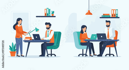 Diverse colleagues collaborate at desks with laptops in a bright, modern office setting