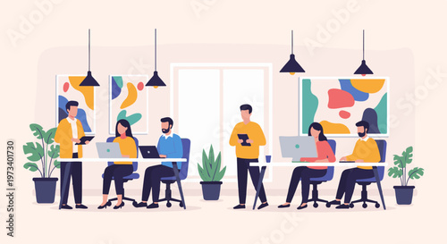 Colleagues collaborate in a bright, modern office setting with abstract art and plants