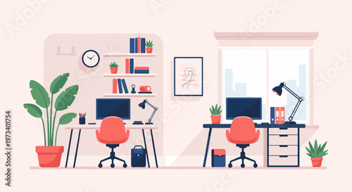 Two desks with computers, office chairs, plants, lamps, and bookshelves in a bright room