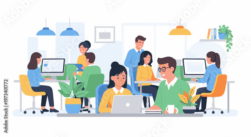 Diverse team members collaborate in a brightly lit, modern office setting