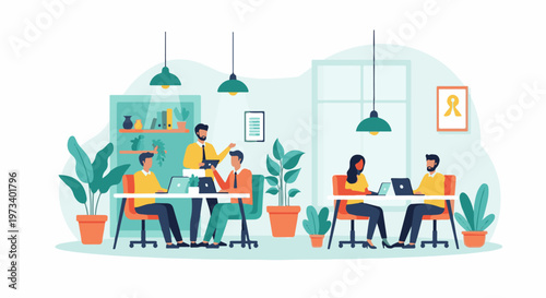 Diverse team collaborating in a modern, plant-filled office environment