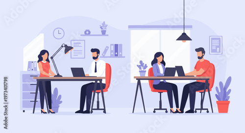 Modern office scene with four people working on laptops at desks, plants, and lamps