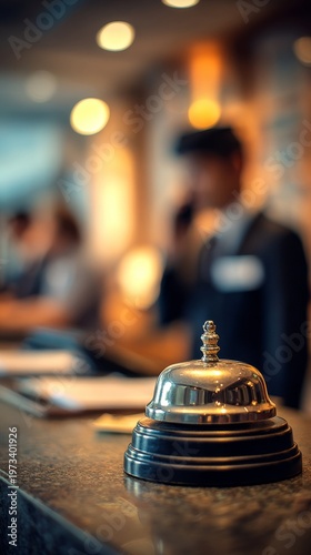Hotel reception desk with service bell and blurred staff in background