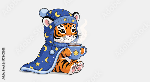 Adorable baby tiger wearing a cozy winter hat and blanket while holding a warm mug of cocoa with a star design.