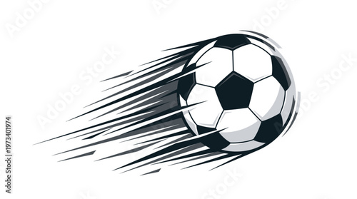 Dynamic soccer ball in rapid motion with speed lines, depicting a powerful shot or pass, isolated white background.