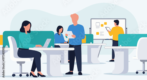 Diverse colleagues collaborate and work on tasks in a modern office environment