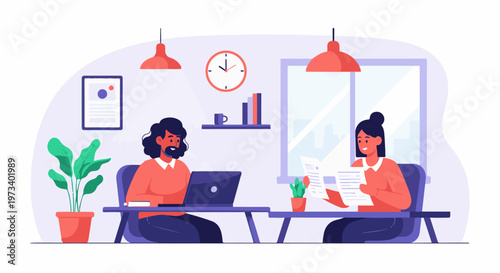 Two individuals collaborating in a bright, modern office space, one using a laptop and the other reviewing documents