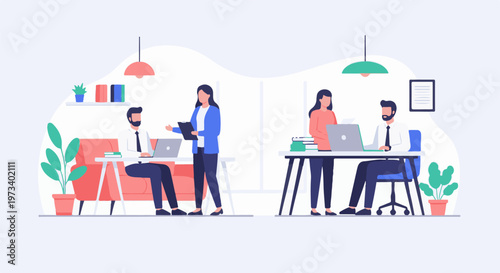 Two pairs of people in a bright office setting, one pair seated, one standing