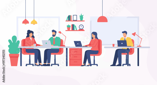 Diverse individuals working together at desks with laptops in a modern office environment