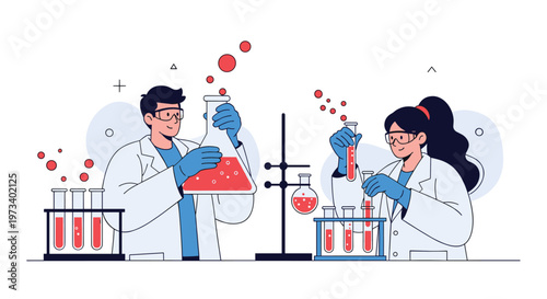 Male and female chemists performing scientific experiments with boiling red liquids in large glass flasks and test tubes.