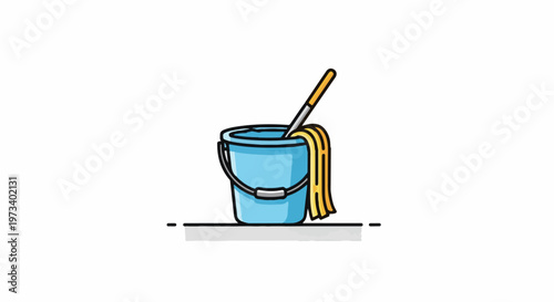 A blue bucket with a mop and yellow strands sits on a gray surface