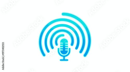 Blue Microphone with Sound Waves Icon for Podcasting on Isolated White Background