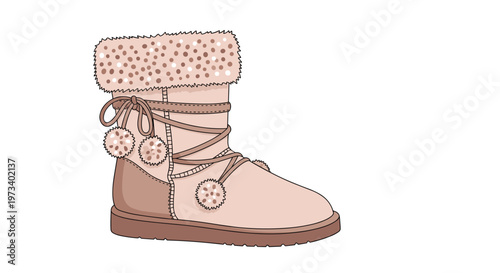 Stylish beige winter boot with soft fur lining, decorative pom poms, and lace up details on a white background.