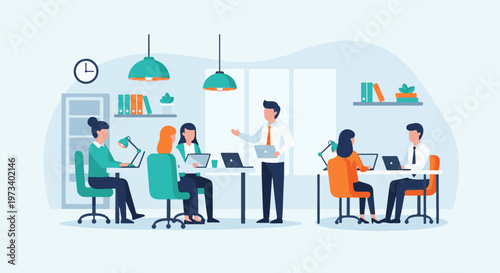 Teamwork and collaboration in an office environment with people working on laptops