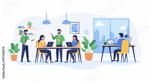 Diverse team collaborating in a modern, bright office setting with city view