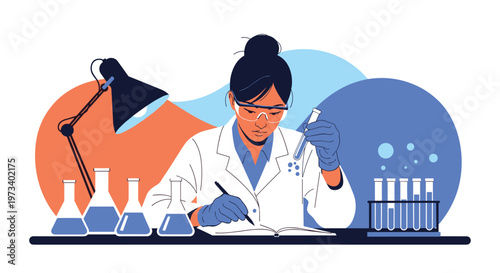Dedicated female scientist conducting a lab experiment while taking detailed notes in a notebook at her research workstation.