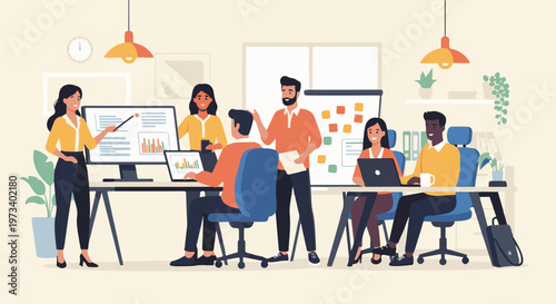 Diverse team collaborating in a modern office setting with charts on screen